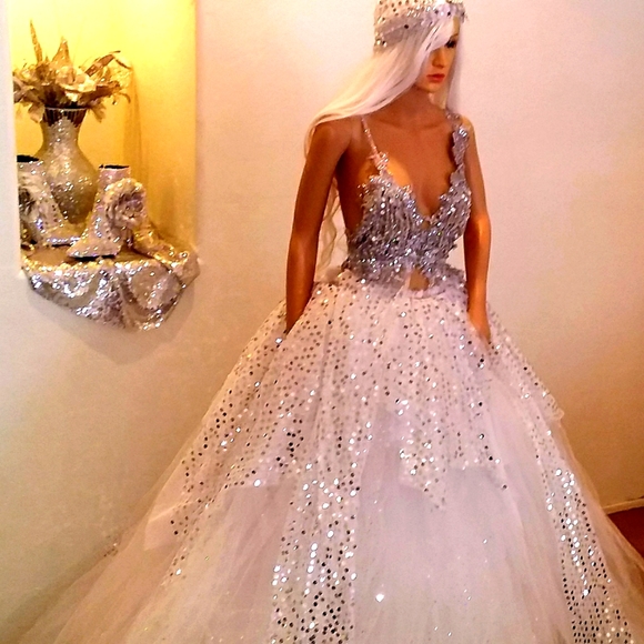 NADIA White Crystal Sequin Tulle Wedding Ballgown Set - Picture 1 of 8